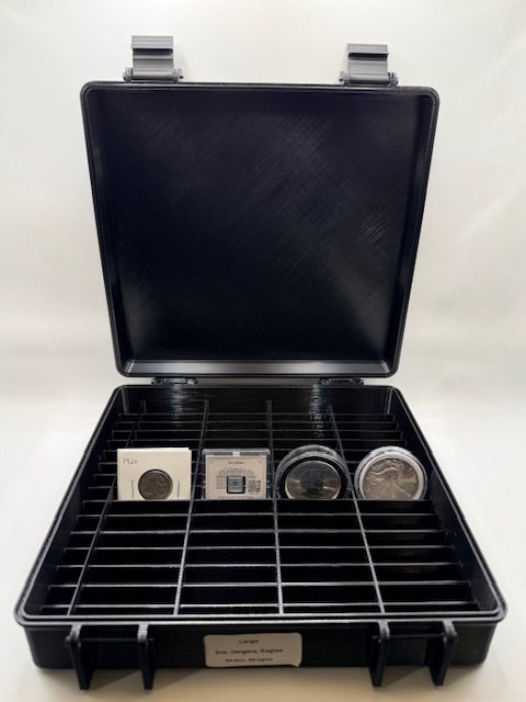 Large 2oz, Geiger, eagle with capsules, & 2x2's coin case silver, gold, copper